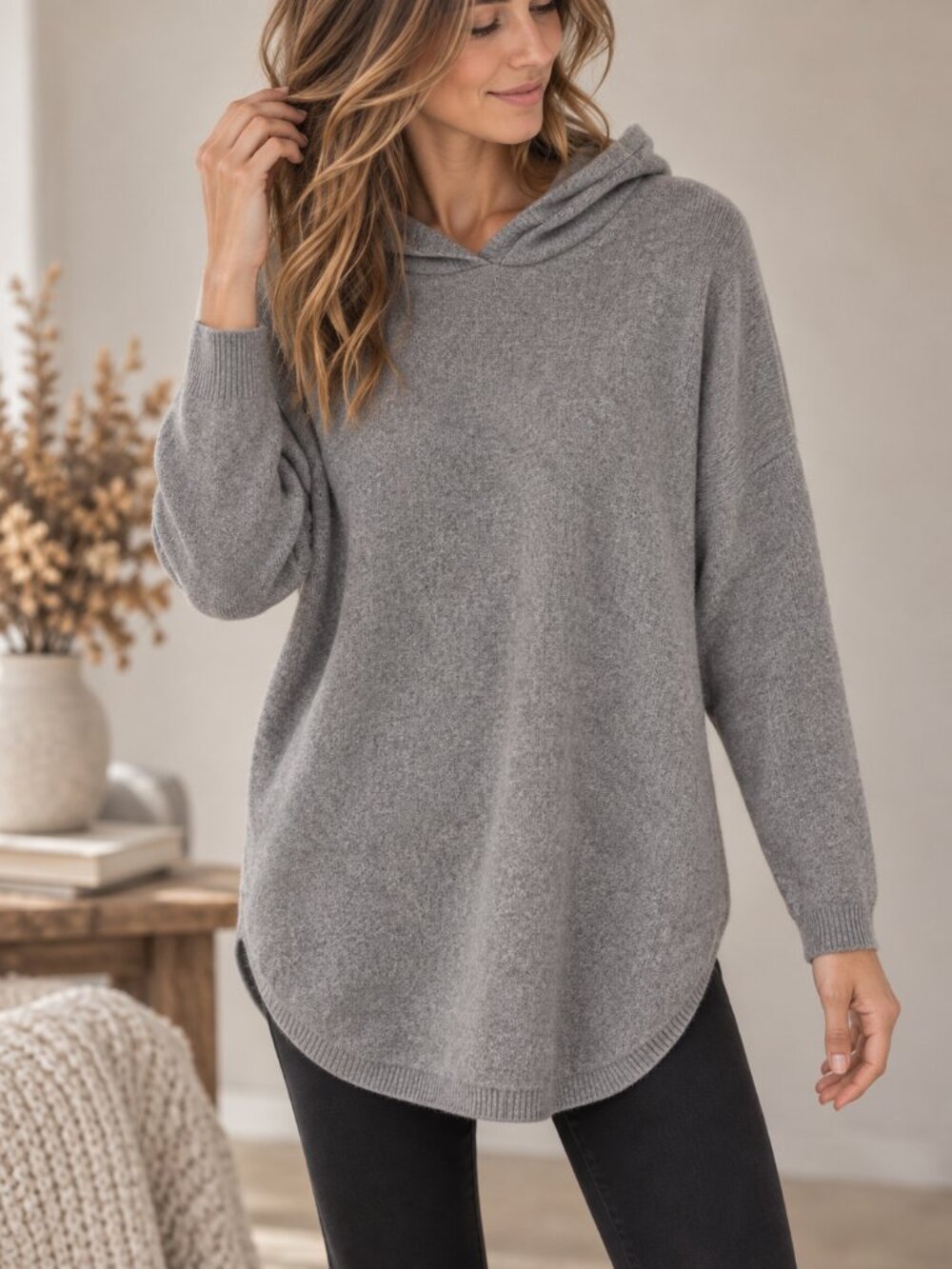 Tahari Pure Luxe 100% Cashmere Hooded Shirttail Hem Grey Tunic Sweater S NWOT